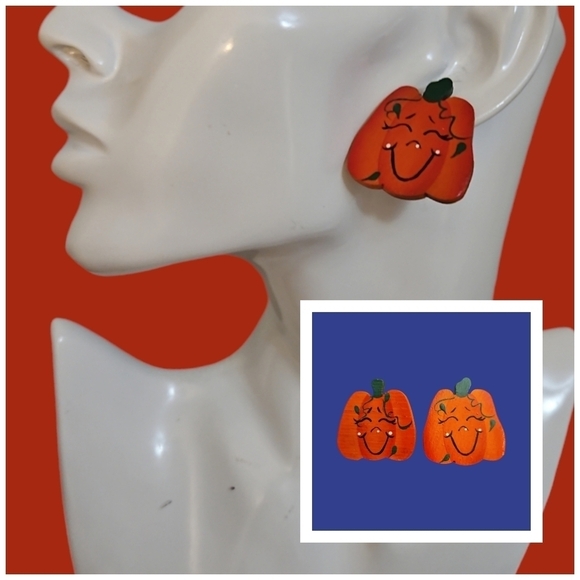 3/$30 Handpainted Wood Fall Autumn Thanksgiving Pumpkin Post Earrings - Picture 1 of 4